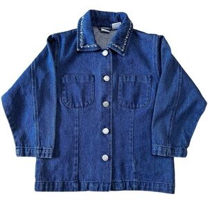 VTG Cherokee Denim Floral Embroidered Collar Cottagecore Button Down Jacket XS